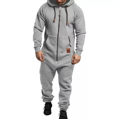 Hooded Fleece Solid Color Jumpsuit
