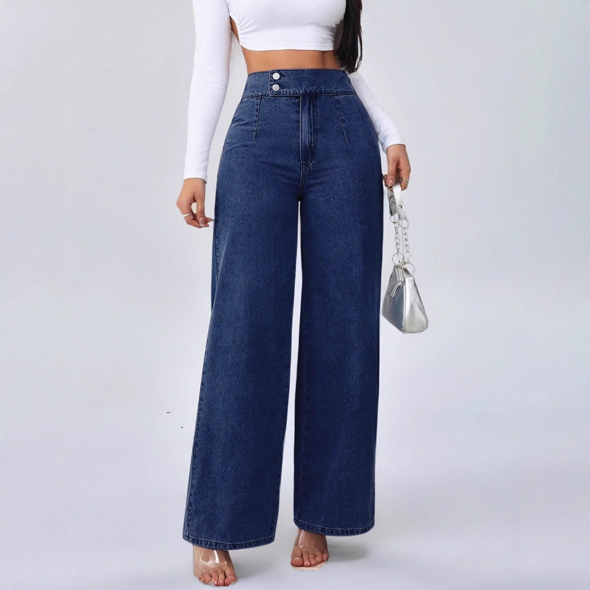 High-waisted wide-leg jeans, retro design.