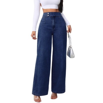 High-waisted wide-leg jeans, retro design.