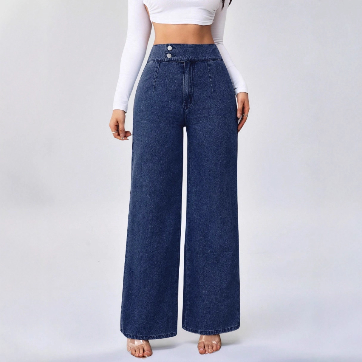 High-waisted wide-leg jeans, retro design.