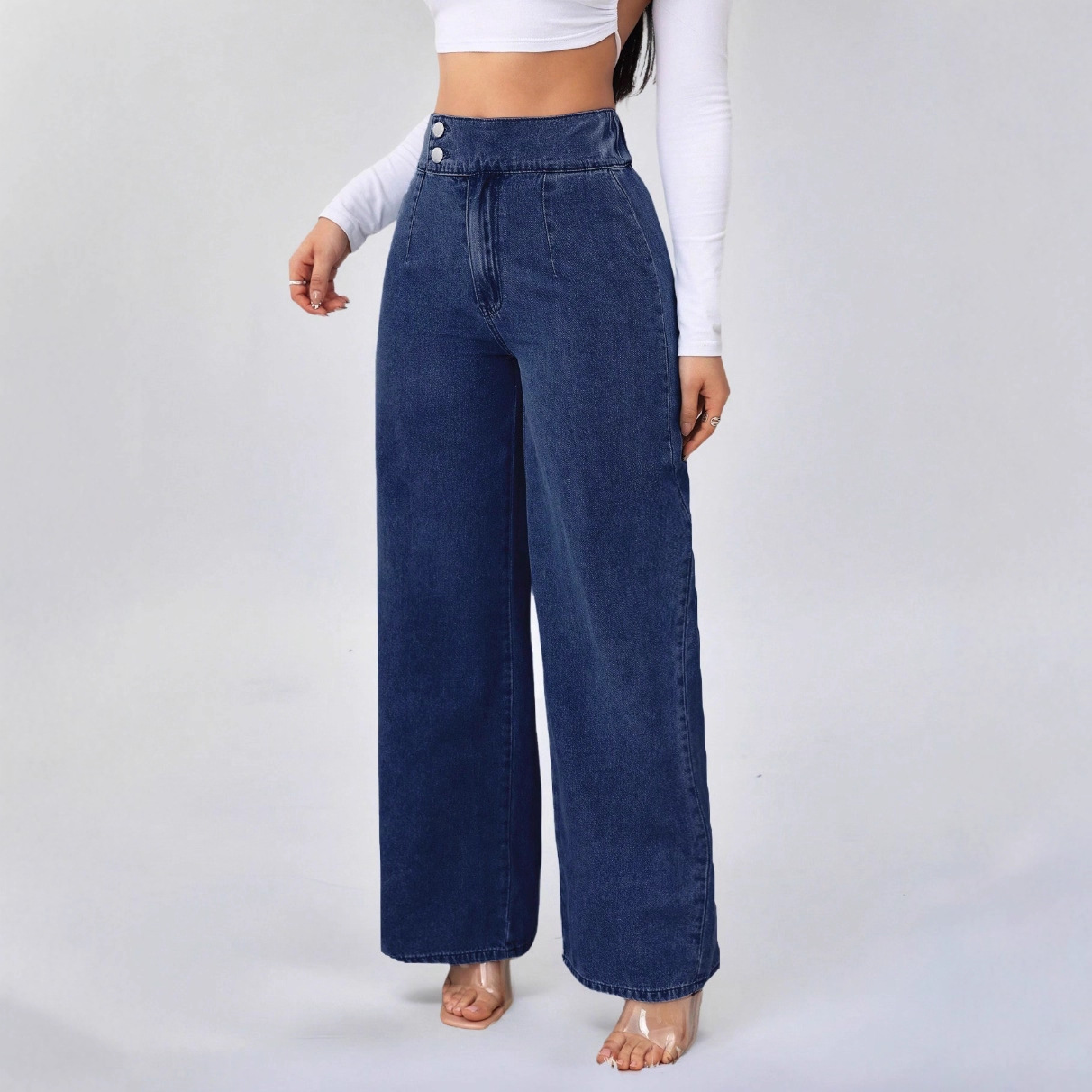 High-waisted wide-leg jeans, retro design.