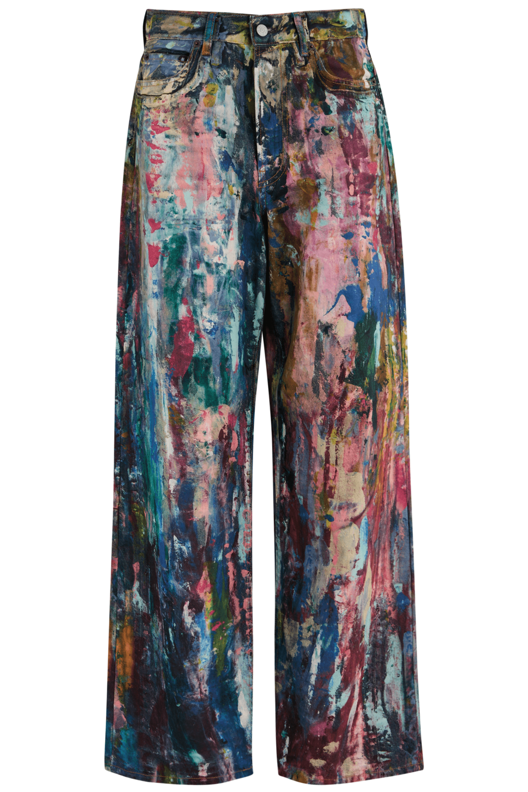 Unisex Colorblock Denim - Oil Painting Effect Relaxed Fit Pants