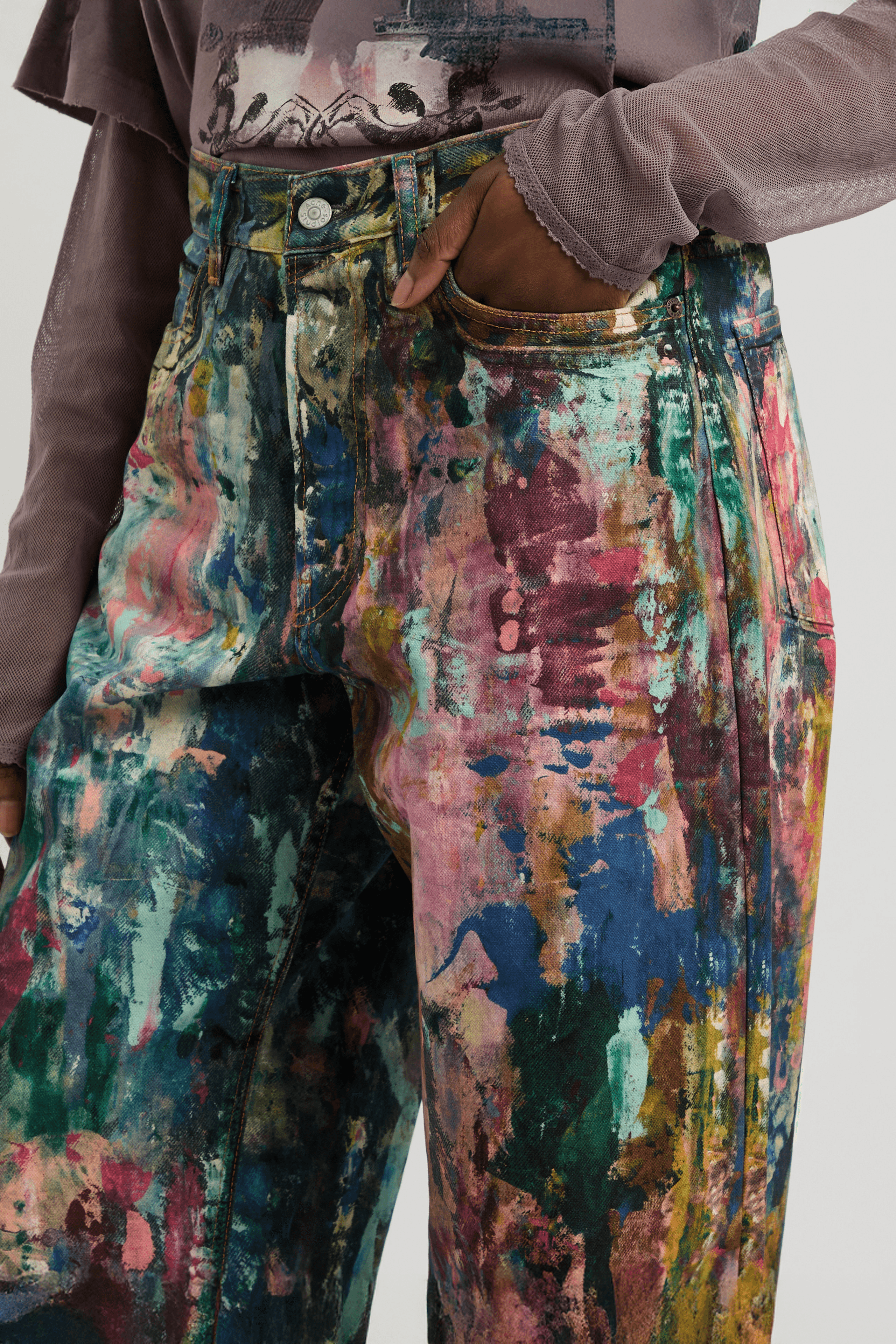 Unisex Colorblock Denim - Oil Painting Effect Relaxed Fit Pants