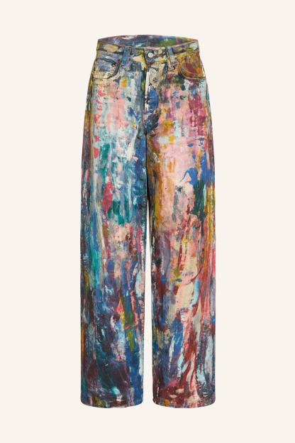 Unisex Colorblock Denim - Oil Painting Effect Relaxed Fit Pants
