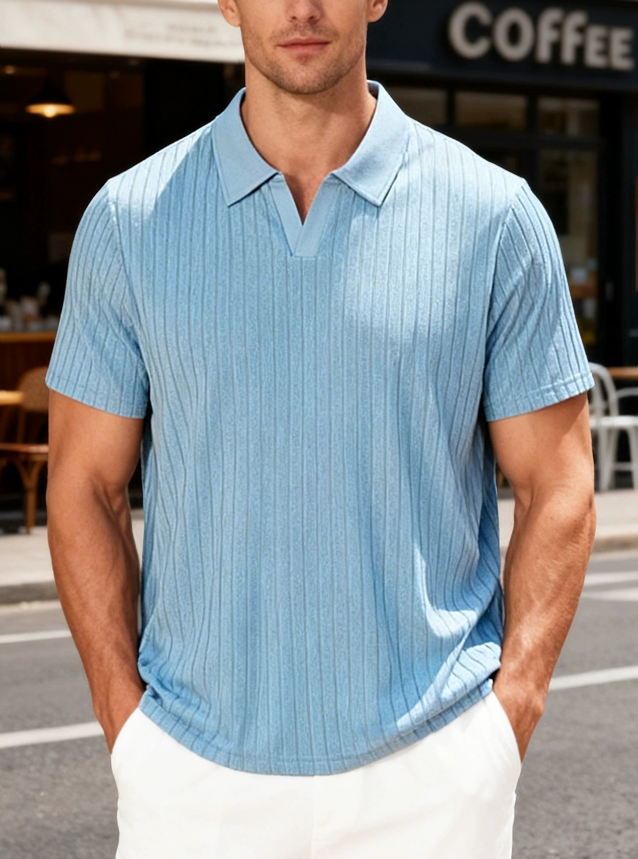Men's Vertical Rib V-Neck Short Sleeve Polo Shirt