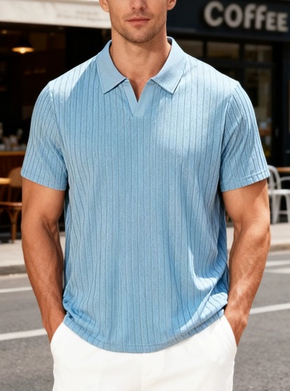 Men's Vertical Rib V-Neck Short Sleeve Polo Shirt