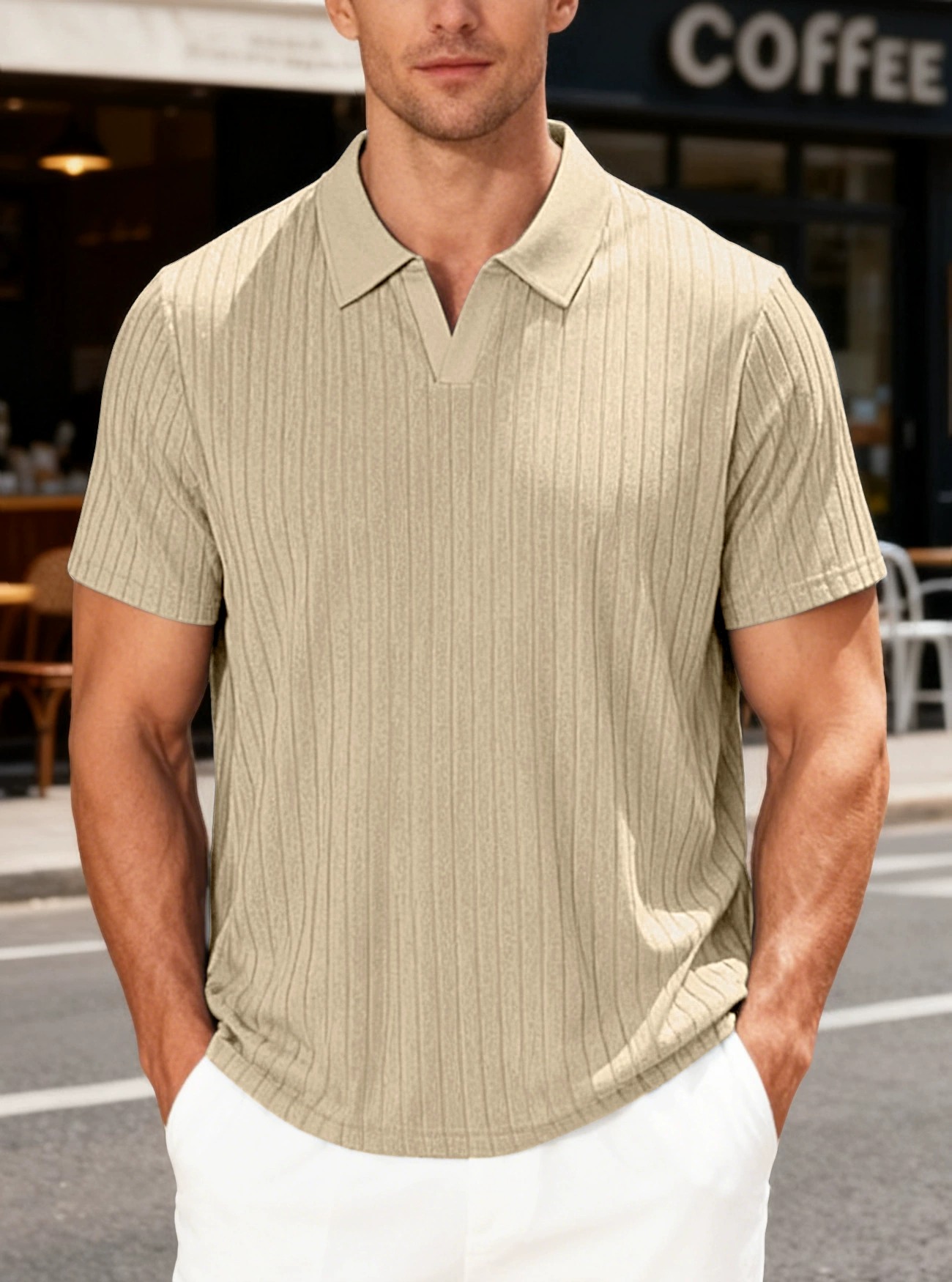 Men's Vertical Rib V-Neck Short Sleeve Polo Shirt