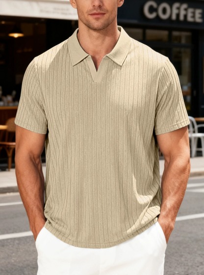 Men's Vertical Rib V-Neck Short Sleeve Polo Shirt