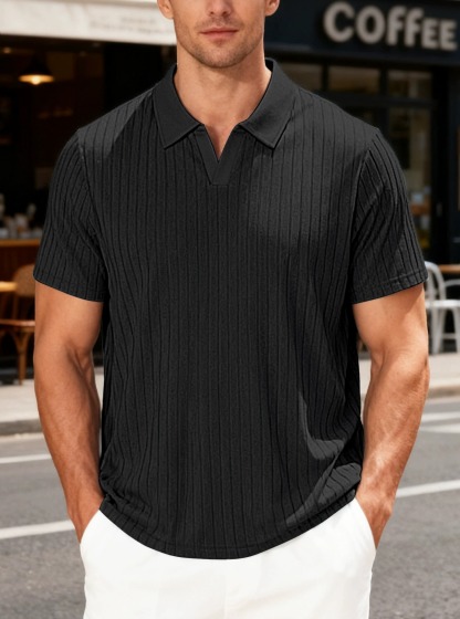 Men's Vertical Rib V-Neck Short Sleeve Polo Shirt