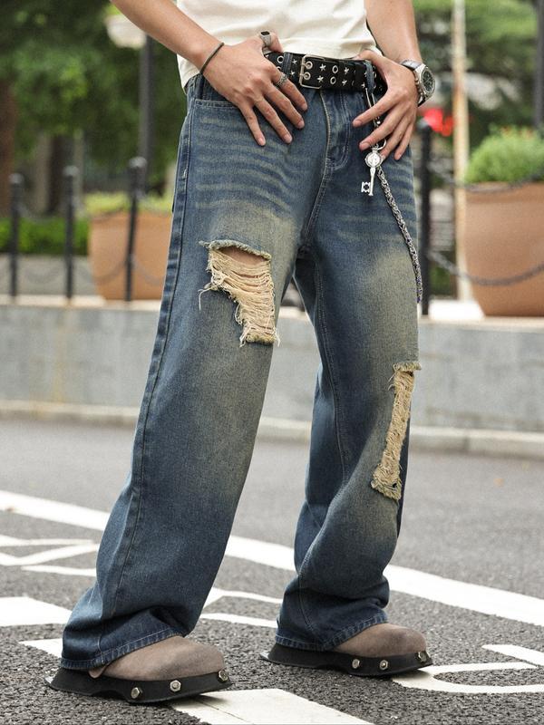 Men's Solid Color Denim Jeans, Loose Casual Comfy Wide Leg Trousers for Daily Wear, Woven Bottoms for All Seasons