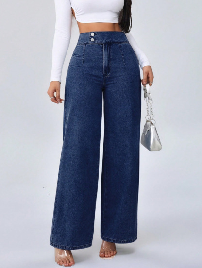 High-waisted wide-leg jeans, retro design.