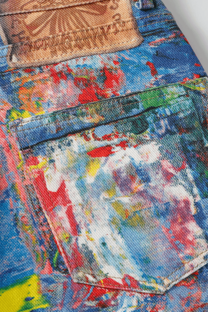 Unisex Colorblock Denim - Oil Painting Effect Relaxed Fit Pants