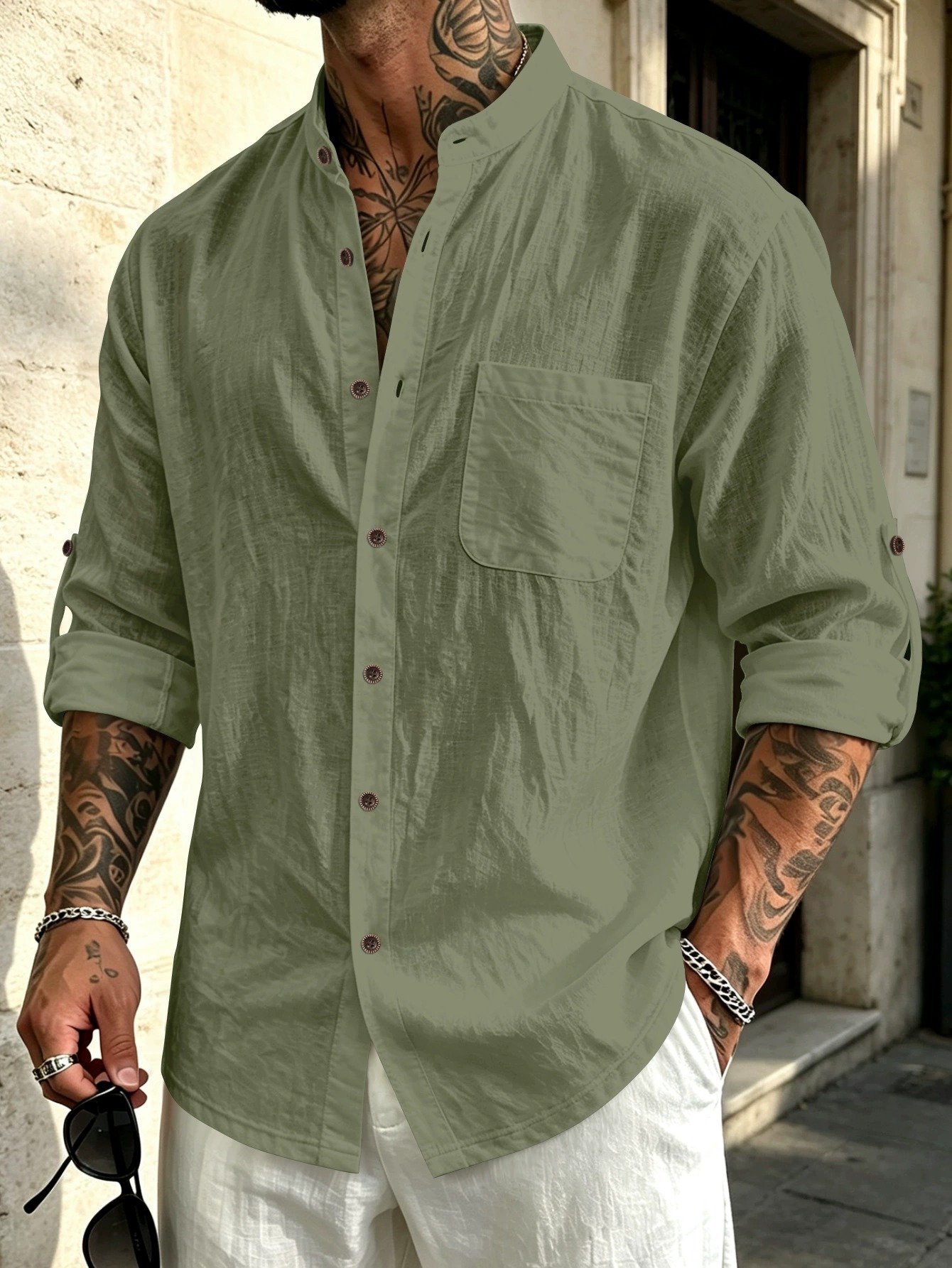 ✨Men's Stand Collar Linen-Cotton Long Sleeve Shirt