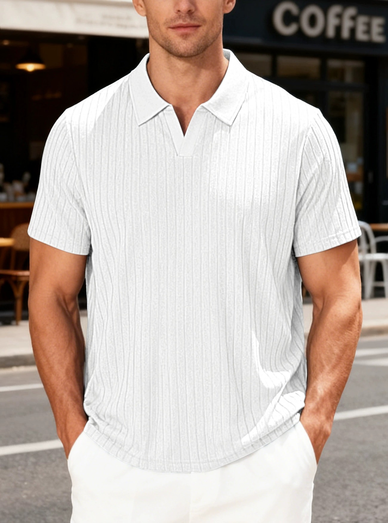 Men's Vertical Rib V-Neck Short Sleeve Polo Shirt