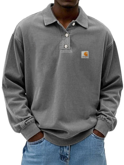 Summer Men's Long Sleeve Polo Shirt Solid Color Pullover Button T-shirt