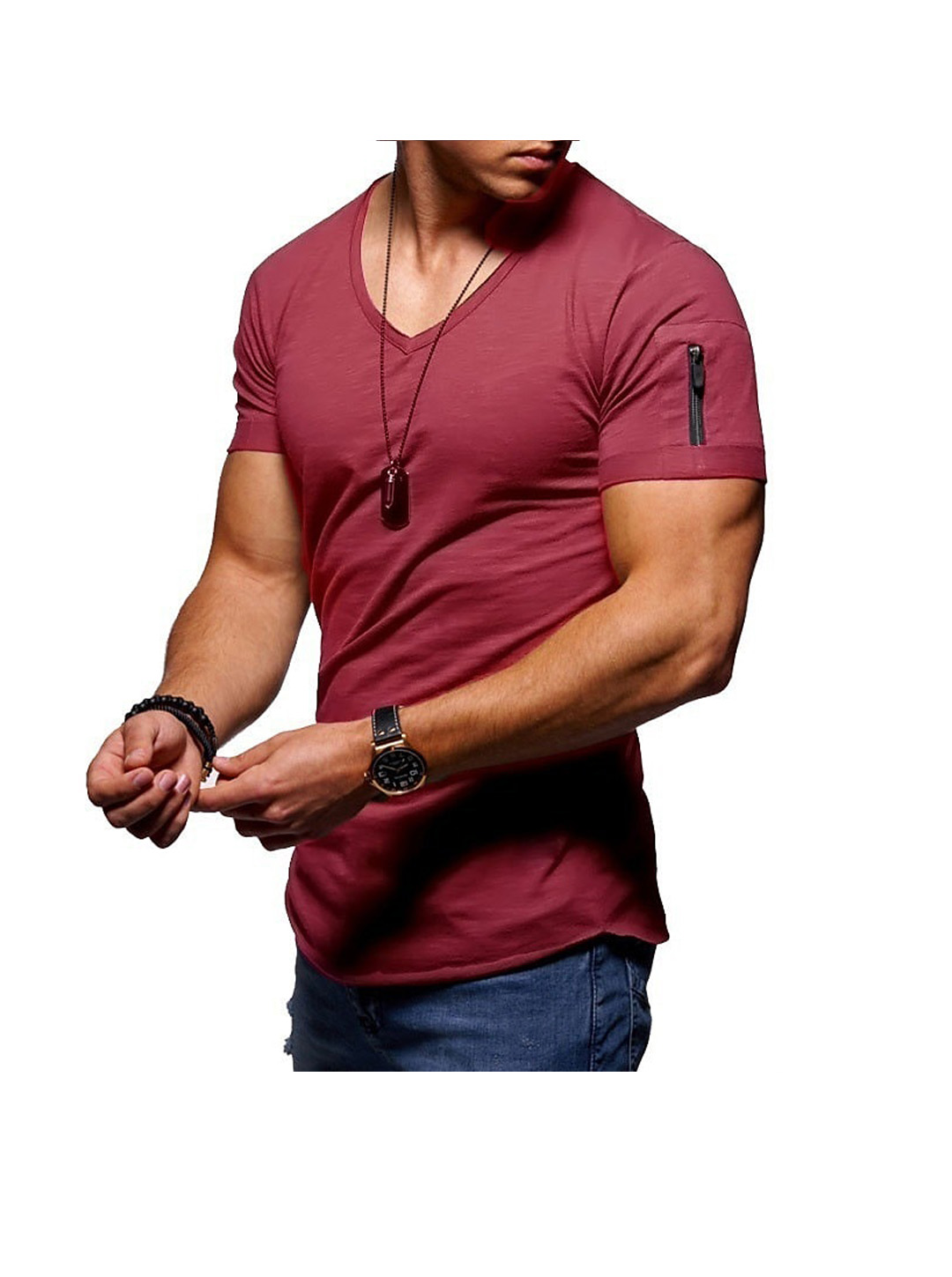 Men's Solid Color V- neck Short Sleeve T-shirt WIth Zippered Sleeve Arms