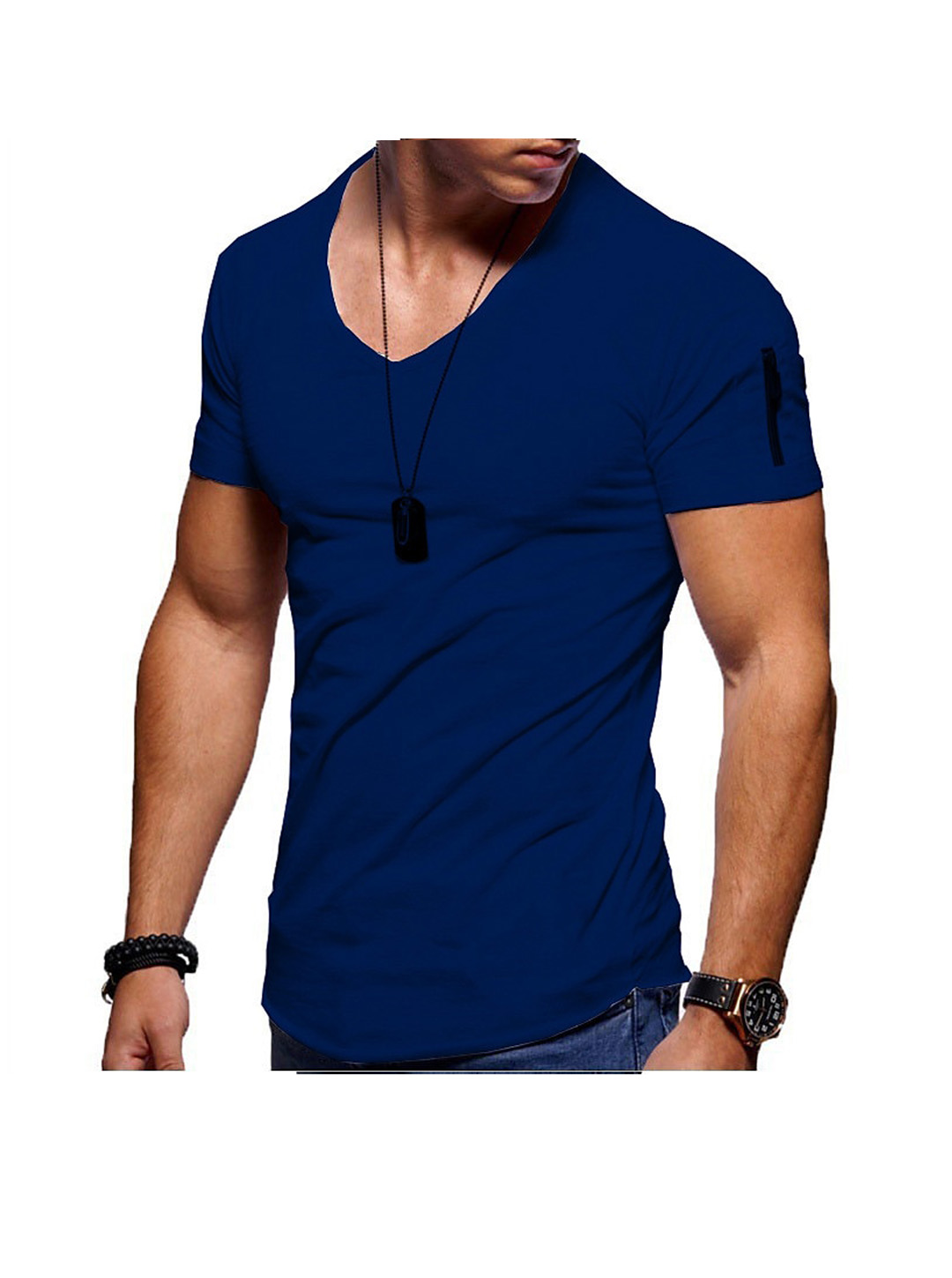Men's Solid Color V- neck Short Sleeve T-shirt WIth Zippered Sleeve Arms