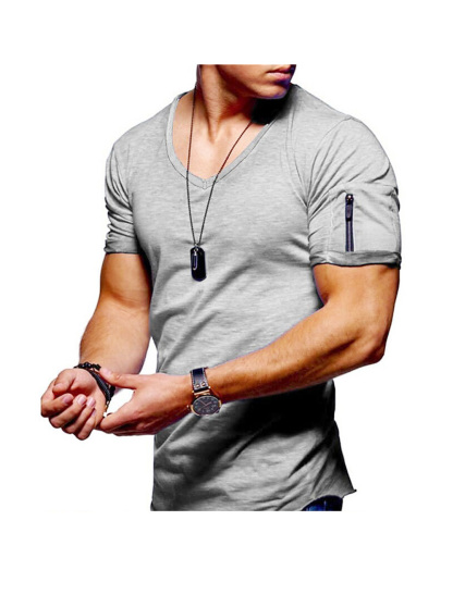 Men's Solid Color V- neck Short Sleeve T-shirt WIth Zippered Sleeve Arms