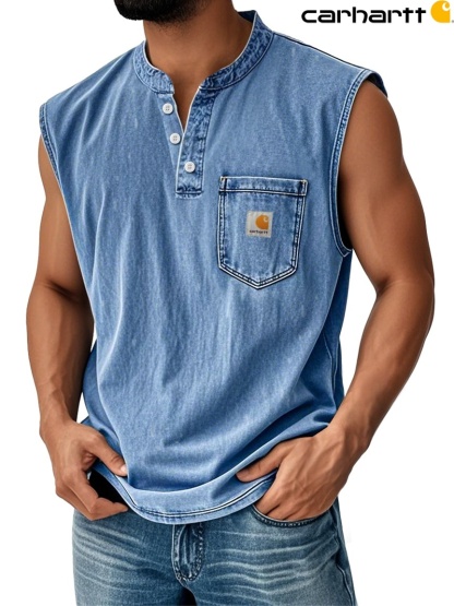 Carhartt Men's Vintage Stand Collar Casual Pocket Solid Color Sleeveless Henley Vest