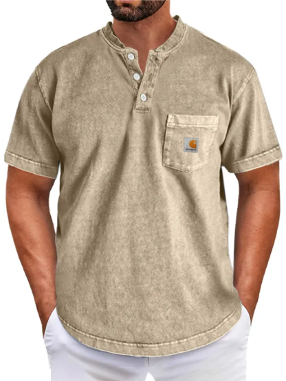 Carththartt Men's Retro Simple Solid Color Short Sleeve Henley Shirt