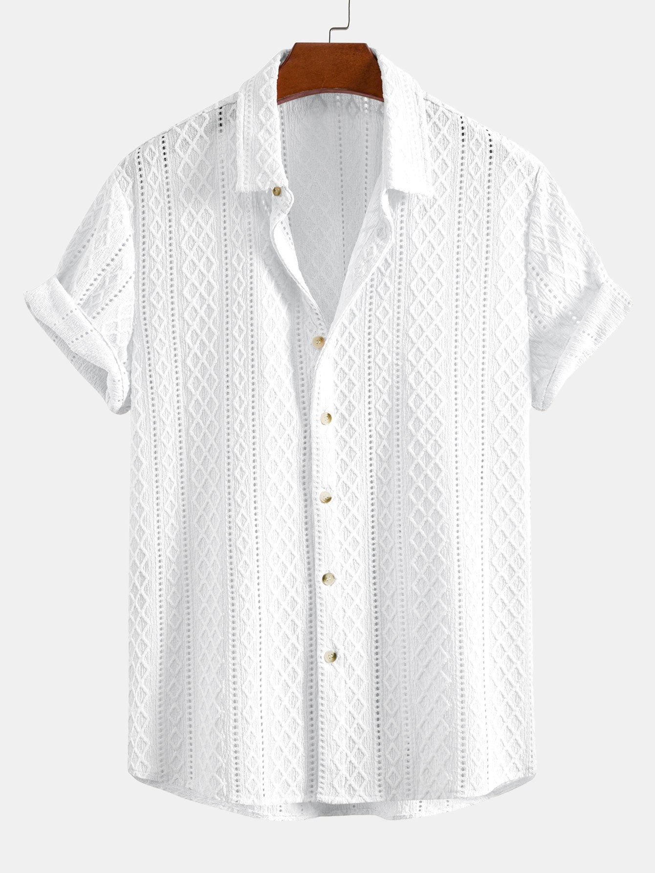 Geometry Rhombus Jacquard Button Up Shirt & Crinkle Textured Straight Leg Pants