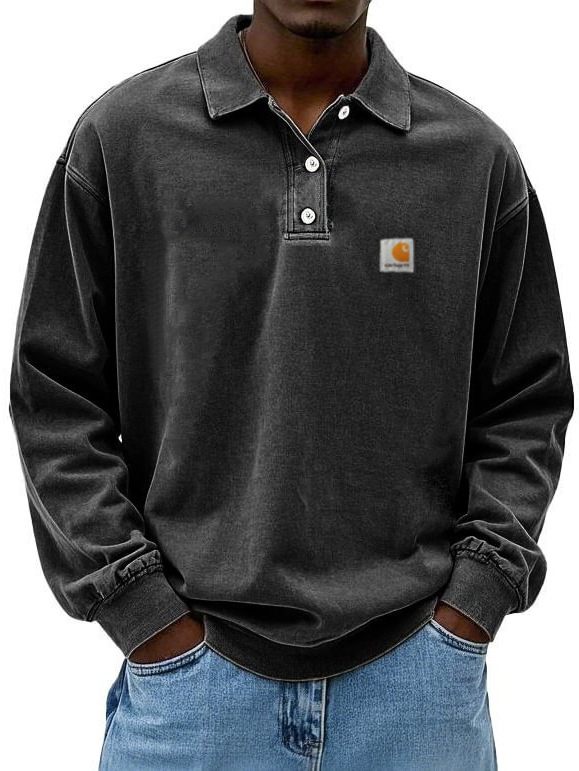 Summer Men's Long Sleeve Polo Shirt Solid Color Pullover Button T-shirt