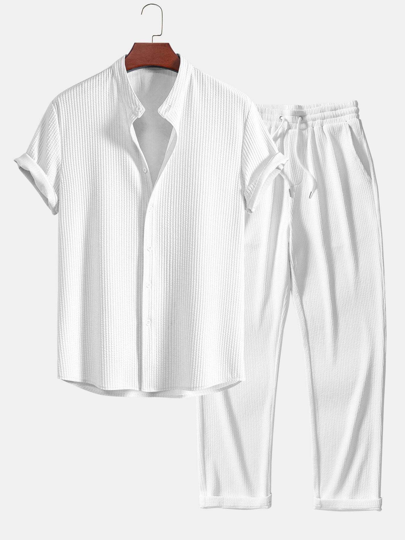 Muscle Fit Ribbed Stand Collar Shirt & Straight Leg Ribbed Pants