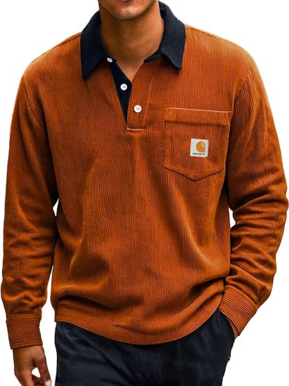 Men's Fashion Corduroy Retro Distressed Lapel Pocket Long-sleeved Polo Shirt