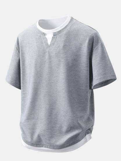 Relax Fit 2 In 1 Notched Collar Waffle T-Shirt & Waffle Pleated Pintuck Straight Leg Pants