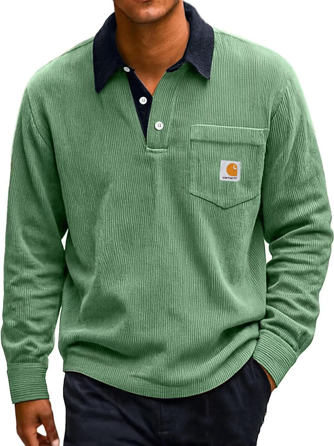Men's Fashion Corduroy Retro Distressed Lapel Pocket Long-sleeved Polo Shirt