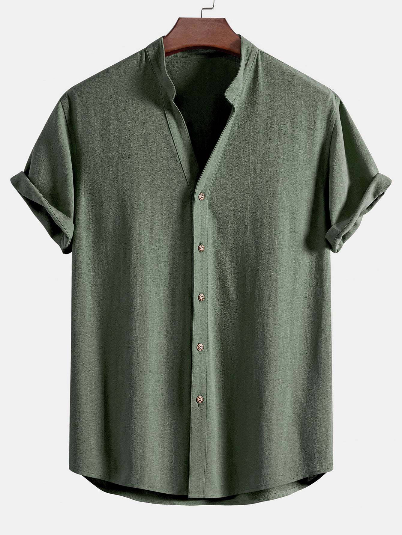 Short Sleeve V Neck Linen Rayon Blend Shirt