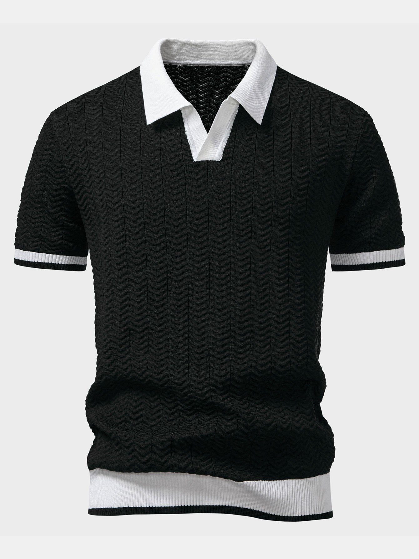 Texture Contrast Knitted V Neck Polo Shirt & Slim Fit Tapered Trousers