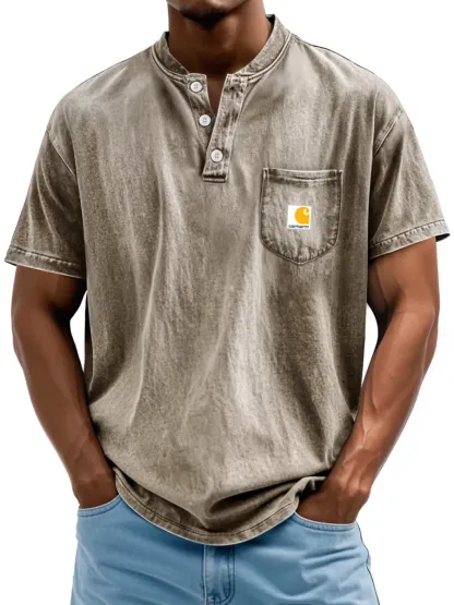 Carhartt Men's Retro Stand Collar Pocket Casual Solid Color Short Sleeve Henley Shirt