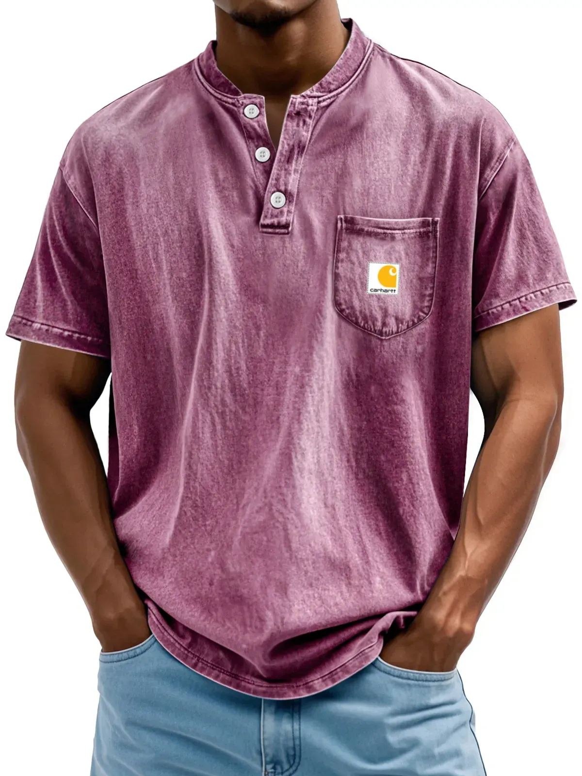 Carhartt Men's Retro Stand Collar Pocket Casual Solid Color Short Sleeve Henley Shirt