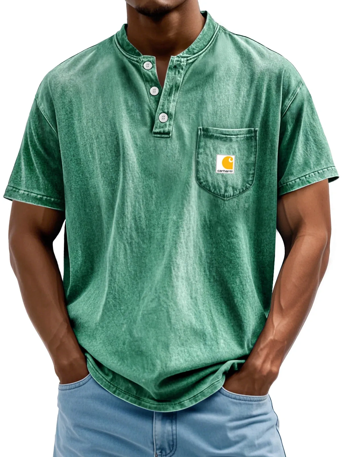Carhartt Men's Retro Stand Collar Pocket Casual Solid Color Short Sleeve Henley Shirt