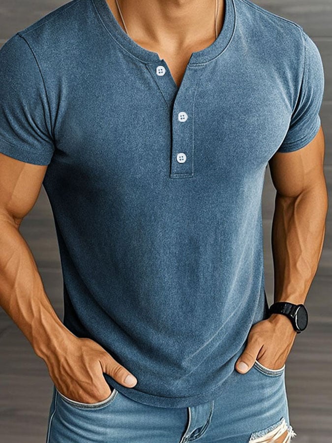 Men's Casual Vintage Printed Henley Short Sleeve T-Shirt