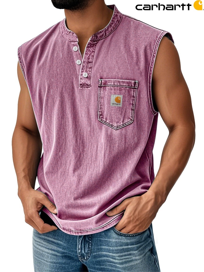 Carhartt Men's Vintage Stand Collar Casual Pocket Solid Color Sleeveless Henley Vest