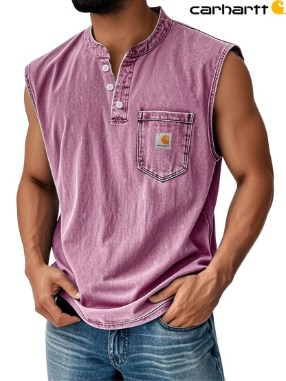 Carhartt Men's Vintage Stand Collar Casual Pocket Solid Color Sleeveless Henley Vest