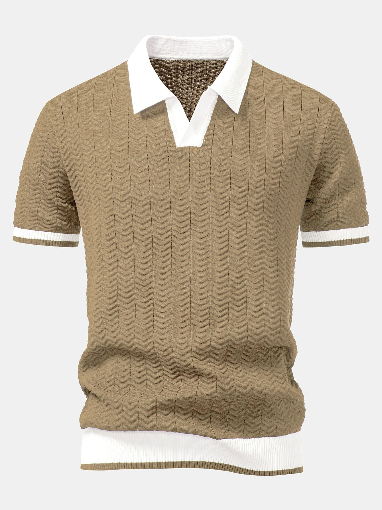 Texture Contrast Knitted V Neck Polo Shirt & Slim Fit Tapered Trousers