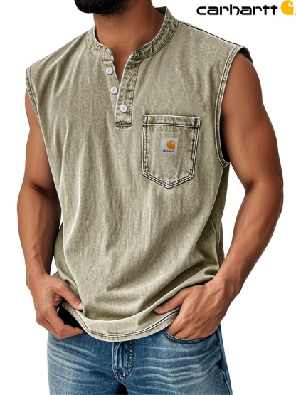 Carhartt Men's Vintage Stand Collar Casual Pocket Solid Color Sleeveless Henley Vest