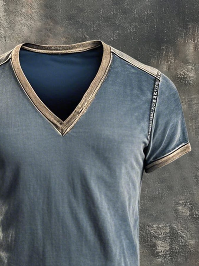 Men'S Retro Colorblock V-Neck Short Sleeve T-Shirt