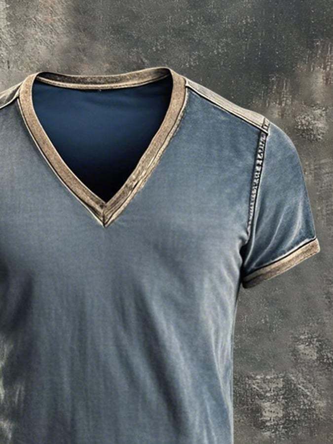 Men'S Retro Colorblock V-Neck Short Sleeve T-Shirt