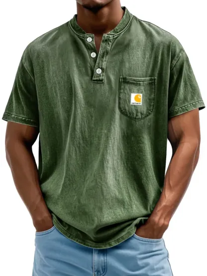 Carhartt Men's Retro Stand Collar Pocket Casual Solid Color Short Sleeve Henley Shirt