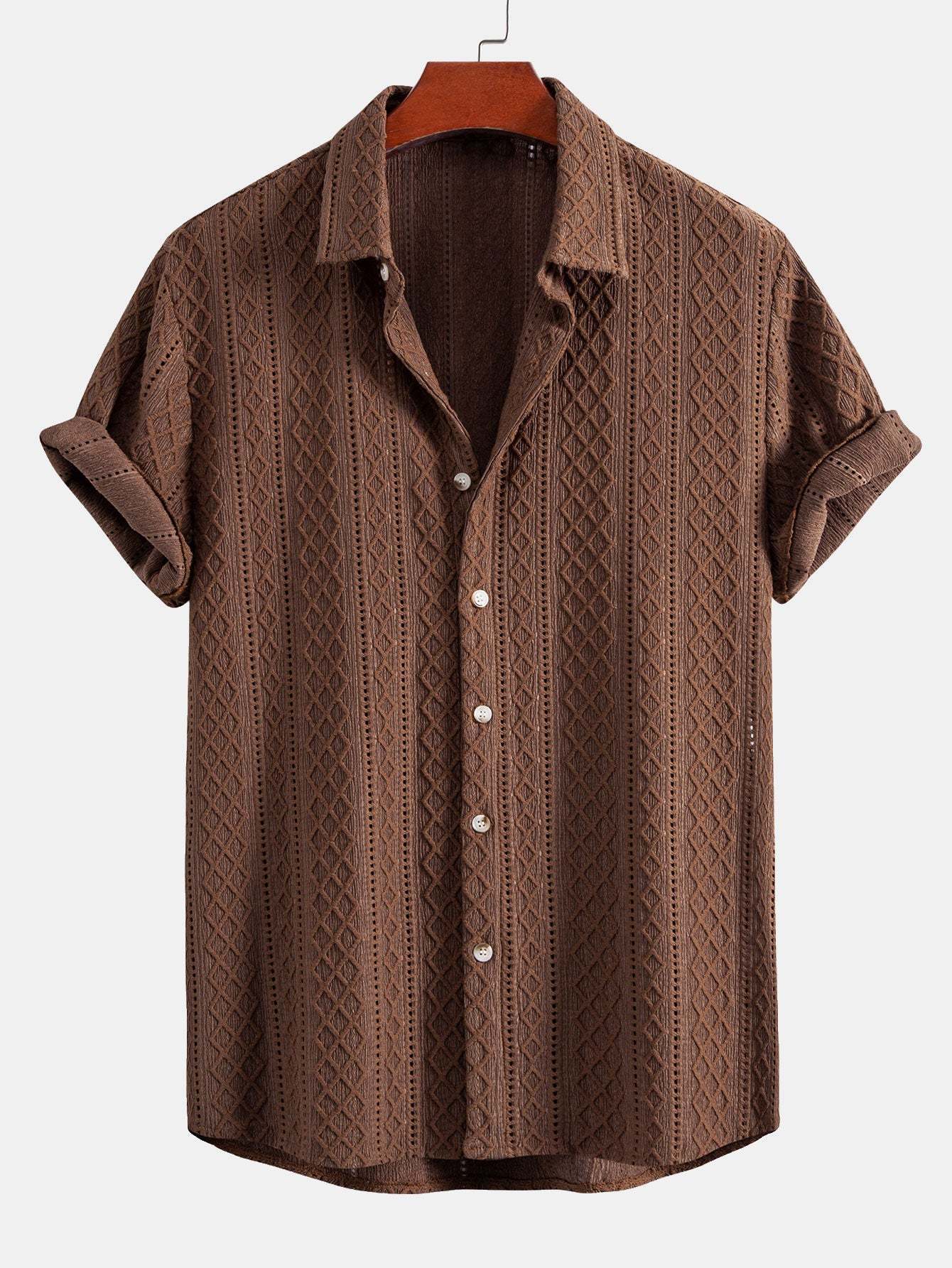 Geometry Rhombus Jacquard Button Up Shirt & Crinkle Textured Straight Leg Pants