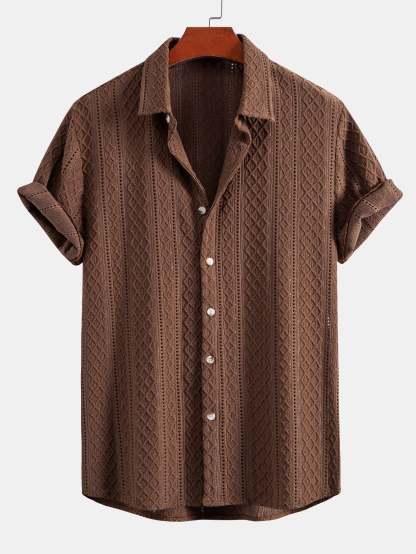 Geometry Rhombus Jacquard Button Up Shirt & Crinkle Textured Straight Leg Pants