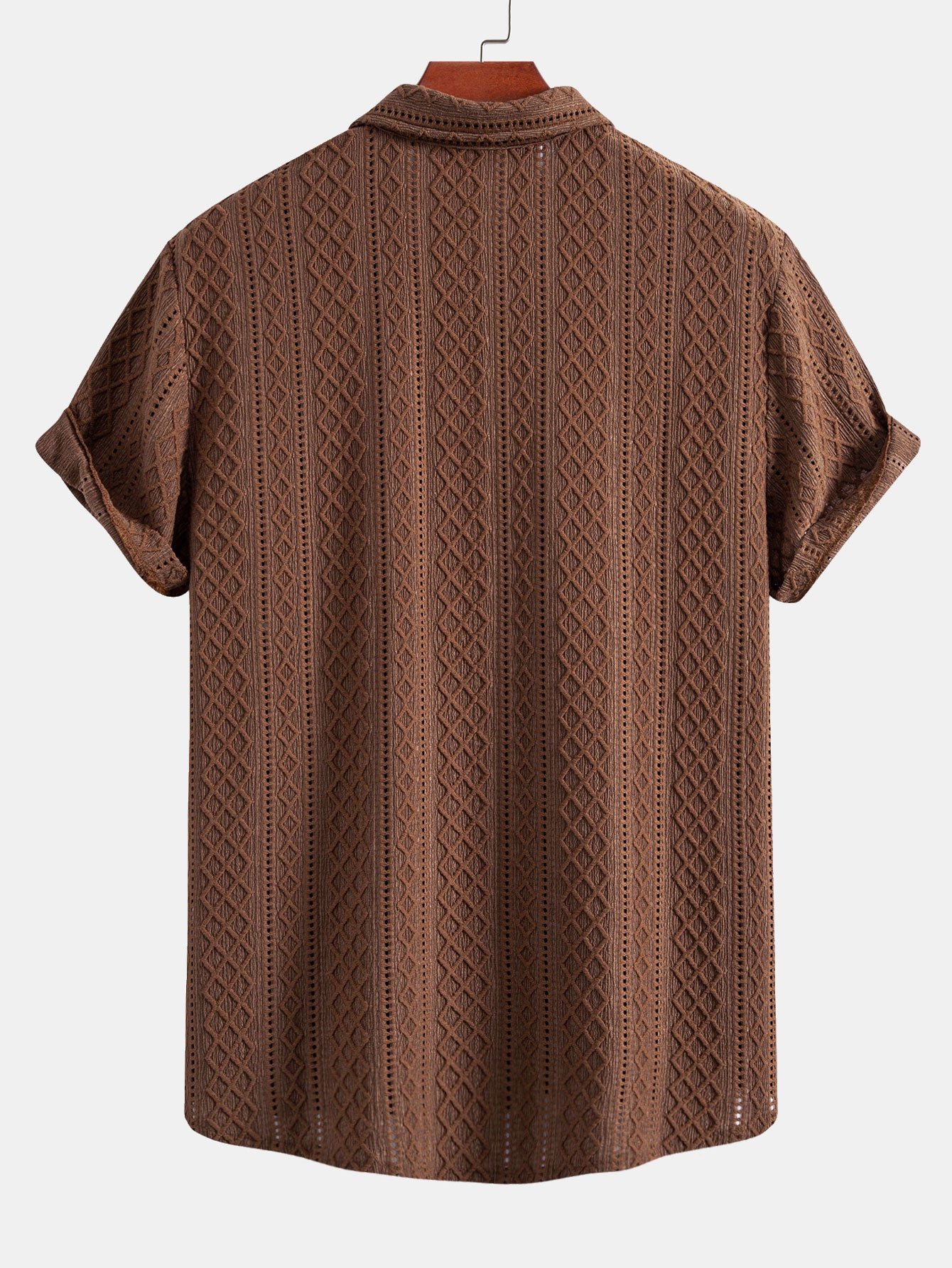 Geometry Rhombus Jacquard Button Up Shirt & Crinkle Textured Straight Leg Pants