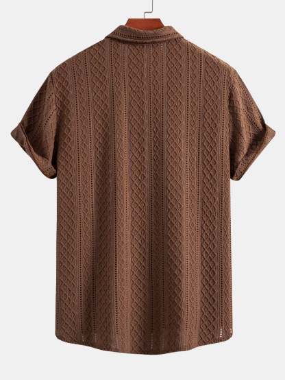 Geometry Rhombus Jacquard Button Up Shirt & Crinkle Textured Straight Leg Pants