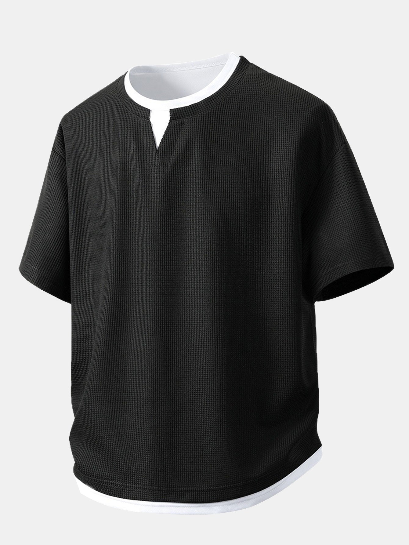 Relax Fit 2 In 1 Notched Collar Waffle T-Shirt & Waffle Pleated Pintuck Straight Leg Pants