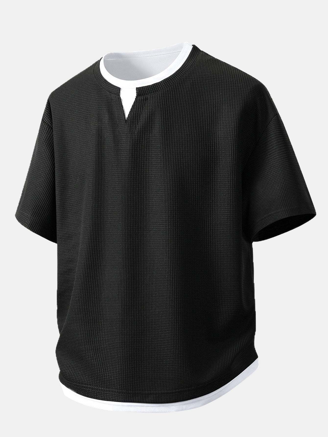 Relax Fit 2 In 1 Notched Collar Waffle T-Shirt & Waffle Pleated Pintuck Straight Leg Pants