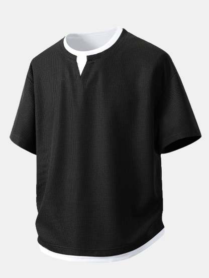 Relax Fit 2 In 1 Notched Collar Waffle T-Shirt & Waffle Pleated Pintuck Straight Leg Pants